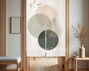 Japanese Noren Door Curtain, Abstract Geometric Boho Wall Art, White Hemp Divider