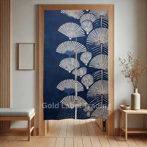 Japanese Noren, Indigo White Fan Noren, Home Doorway Curtain