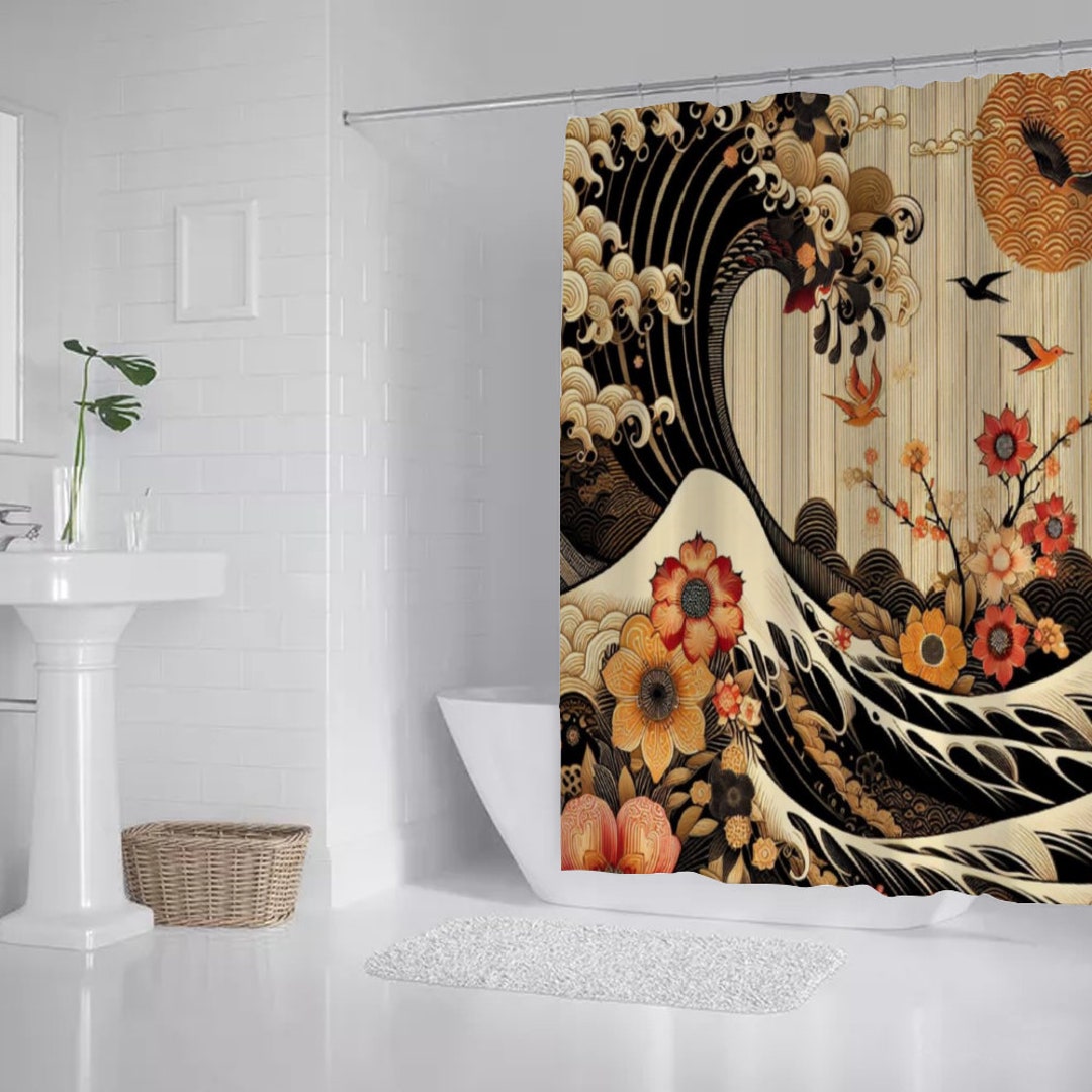Japanese Wave and Floral Shower Curtain Elegant Bathroom Decor