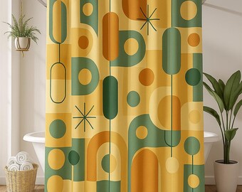 Mid Century Modern Shower Curtain, Retro Geometric Bathroom Decor, Mod Abstract Shapes, 70s Style Bath Curtain, Colorful Art Deco