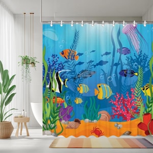 Bath Shower Curtain, Sea Ocean Aquarium Theme Shower Curtain, Waterproof shower curtain with C-shaped hooks