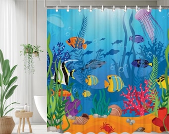 Bath Shower Curtain, Sea Ocean Aquarium Theme Shower Curtain, Waterproof shower curtain with C-shaped hooks