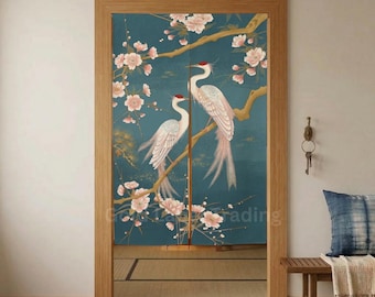 Japanese Noren Door Curtain, Crane and Cherry Blossom Entryway Curtain, Room Divider, Kitchen Doorway Curtain, Asian Wall Hanging Decor