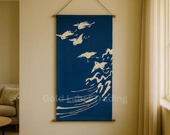 Hanging Wall Art Tapestry, Japanese Blue Ocean Art Tapestry, Tapestry Hanging Wall Art,, Room Aesthetic, Bird tapestry scroll