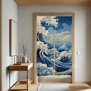 Japanese Noren, Japanese Doorway Curtain, Japanese Traditional Noren Door Curtain, Japanese Wave curtain, Japan Ocean Wave Theme