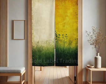 Japanese Noren Door Curtain, Abstract Meadow Grass Wall Hanging, Yellow Green Nature Doorway Curtain, Boho Room Divider, Doorway Curtain