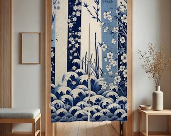 Japanse noren, deurgordijn met traditionele Japanse elementen, kersenbloesem, bamboe, scheidingswand, deuropeningsgordijn