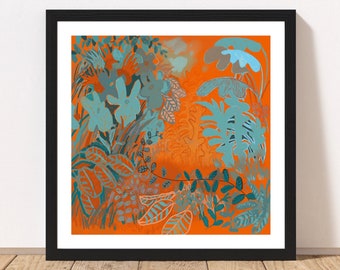 Bold Modern Botanical Square print, Giclee Art, 5x5” 8x8” 12x12” 14x14” 16x16” Burnt Orange and Teal Wall Art, Kew Gardens, Abstract Floral