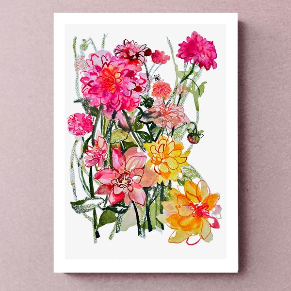 Colourful hot pink and yellow flowers, Unique Dahlia print,  Botanical Fine Art Print. Unframed bold Garden floral