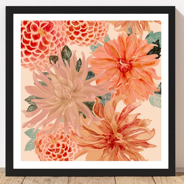 Dahlia Flowers Print, Cottage Garden Giclee  Art, Botanical Wall Art, Boho floral Illustration, Coral and Cream Decor, Unframed Peach Print