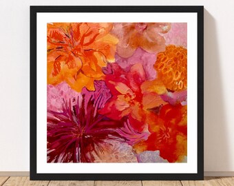 Pink & Orange Floral Art Print, Square Unframed 5x5” 8x8” 12x12”, Bold Botanical Print, Boho Wall Decor, Bright Colourful Gallery Wall