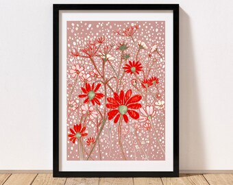 Wildflower Art Print, Giclee Wall Art, Unframed A5 A4 A3 5x7” 8.5x11,  Garden Flowers, Boho Floral, Plant Print, Red Daisy Print