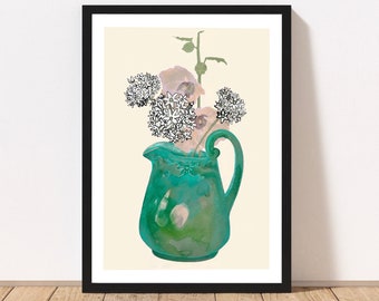 Cottagecore  flower Print,  Giclee Art, Unframed A5 A4 A3 5x7” 8.5x11” 11x17”, Floral Gallery Wall, Print for Kitchen, Emerald green & Pink