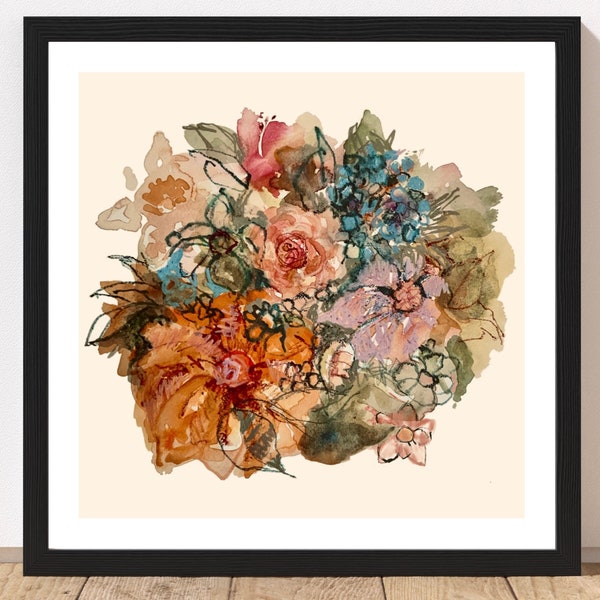 Flower Bouquet Print, Giclee Art, Unframed 5x5” 8x8” 12x12”, Contemporary Flowers, Wedding Gift, Botanical Wall Art, Boho Floral Wall Decor