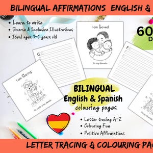 4.1 Kreatives Lernen für Kleinkinder | Zweisprachige positive Affirmationen, Buchstabenverfolgung und Färbung für Kinder| Englisch und Spanisch Printables