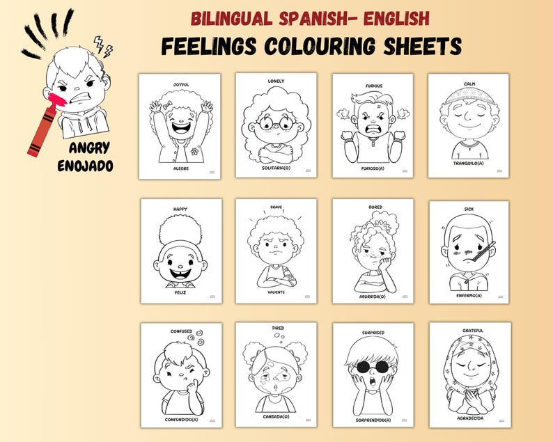 Feelings Coloring Pages: Spanish Preschool SEL Worksheets (PDF ...