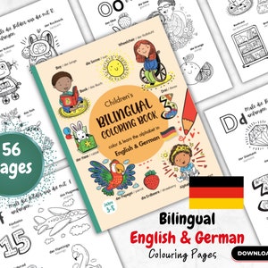 May include: A bilingual colouring book for children aged 3-8. The cover features a colourful parrot, a strawberry, and the German flag. The book includes 56 pages and teaches the alphabet in English and German.