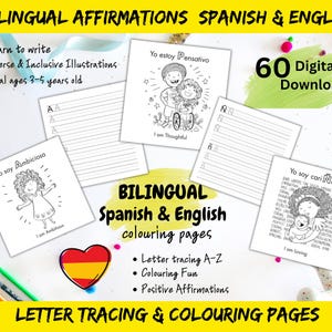4.1 Kreatives Lernen für Kleinkinder | Zweisprachige positive Affirmationen, Buchstabenverfolgung und Färbung für Kinder| Spanisch und Englisch Printables