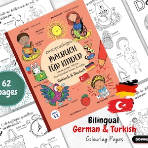 Puede incluir: Un libro para colorear bilingüe para niños de 3 a 8 años. La portada presenta una ilustración colorida de un loro, un sol, una niña en silla de ruedas y una fresa. El título es "Zweisprachiges Malbuch für Kinder" y el texto debajo dice "Meine ersten Wörter, das Alphabet lernen & malen Türkisch & Deutsch".