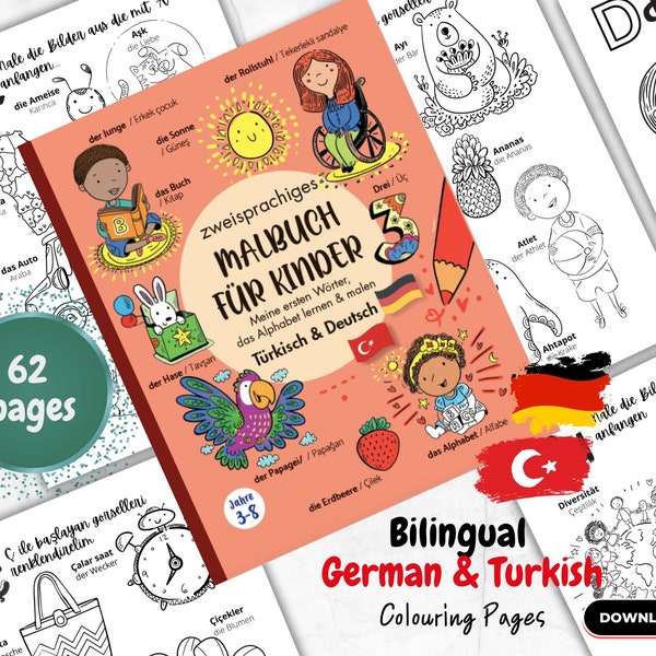 Bilingual Alphabet Colouring Pages for Toddlers, Exploring Abcs First Words German in Türkisch, Lerne Das Abc & Erste Worte, Digital Pdf