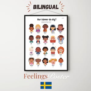 Bilingual Swedish Emotion Poster, Swedish Feelings Chart Printable, Classroom Decor, SWEDISH Educational Feelings Posters School Psycologist