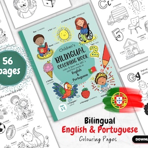 Primeras palabras en portugués (UE), páginas para colorear del alfabeto bilingüe para niños, aprendizaje de portugués atractivo para niños pequeños, abecedario, imprimibles