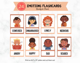 Può includere: Un set di 24 flashcard delle emozioni, pronte per la stampa. Ogni carta presenta un'illustrazione a cartoni animati di un bambino che esprime un'emozione, come confuso, felice o spaventato. Le carte sono progettate per essere stampate su carta A4 (21 x 29,7 cm).