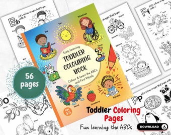 Pode incluir: Uma capa de livro colorida para um livro de colorir para crianças pequenas com 56 páginas. A capa apresenta um papagaio, um morango e uma menina segurando um livro de alfabeto. O título do livro é "Toddler Coloring Book" e o subtítulo é "Color & Learn the ABCs and First Words".