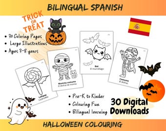 Bilingual Spanish Halloween Coloring Pages/ Halloween Activity / Preschool Learning Printables