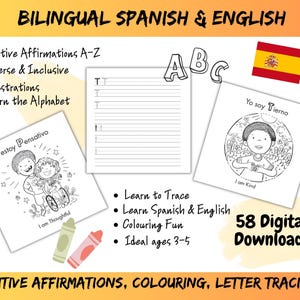 Engagierende Spanisch lernen für Kleinkinder Printables, zweisprachige positive Affirmationen für Kinder, zweisprachige Malseiten, ABC Buchstaben