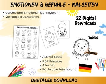 German Feelings Coloring Pages for Kids: Bilingual Emotion Activity (Digital Download)
