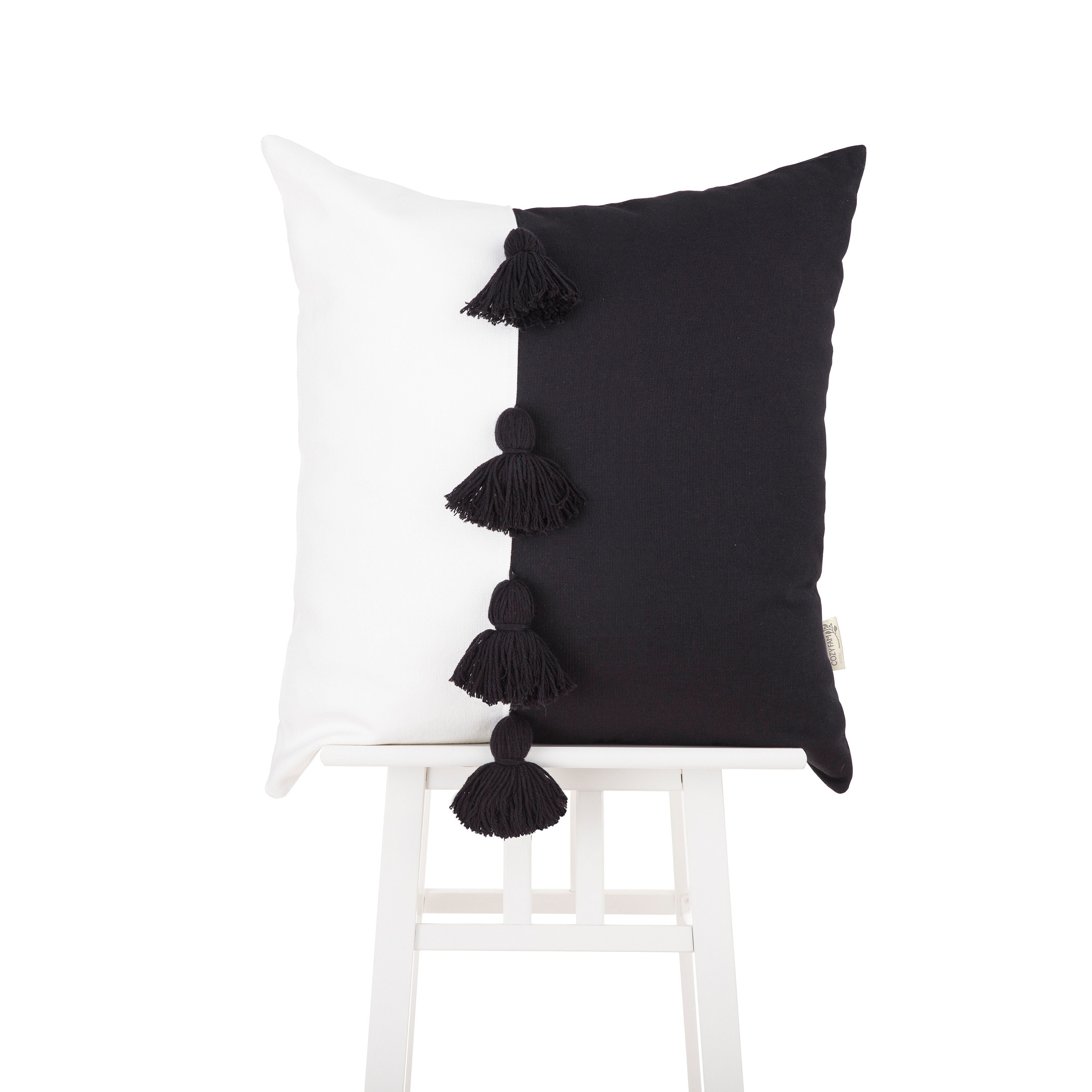 Black White Natural Cotton Tassel Cushion Cover Set Bohemian Etsy