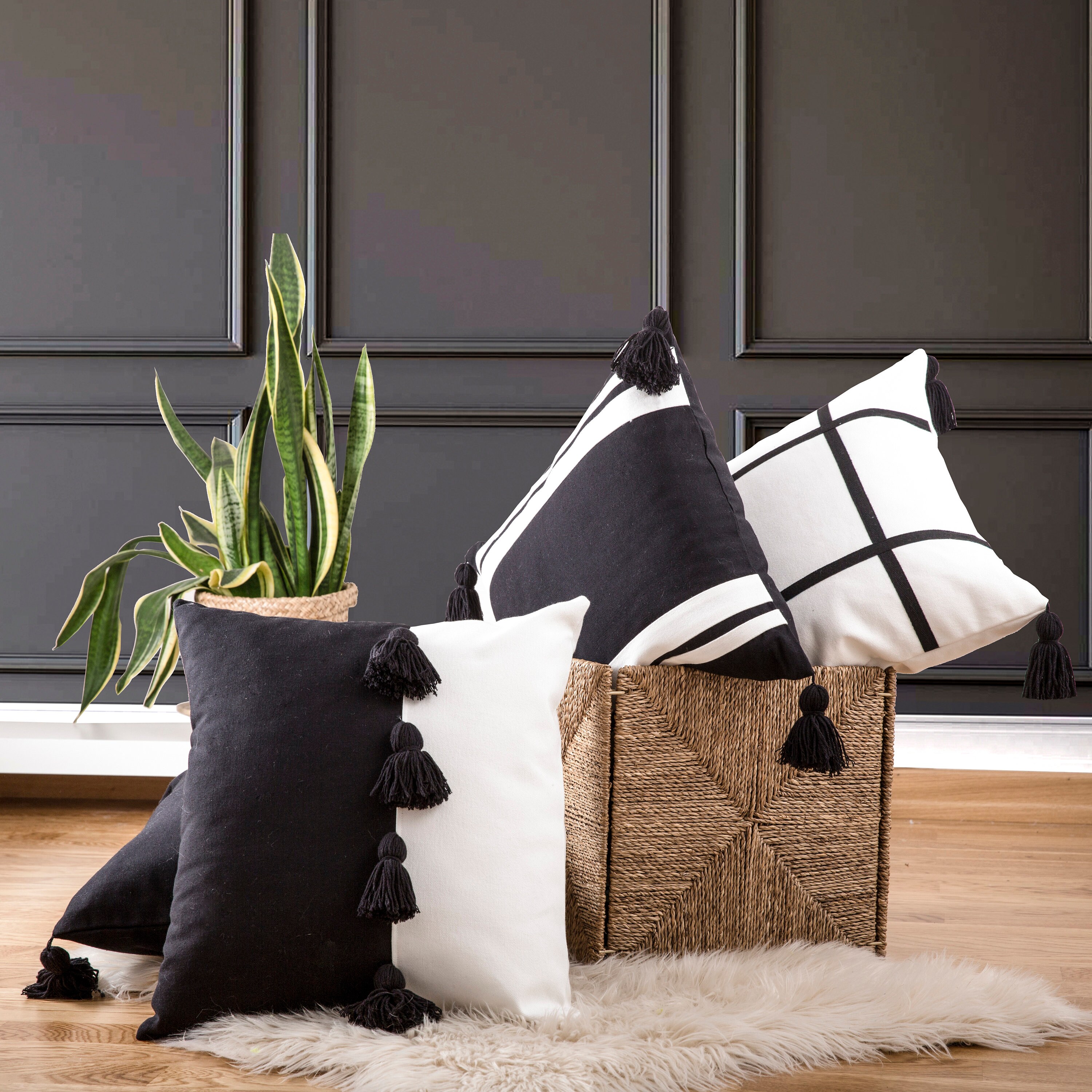 Black White Natural Cotton Tassel Cushion Cover Set Bohemian Etsy