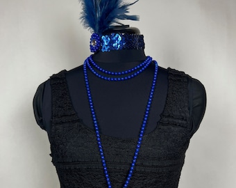 20s Flapper Dress black lace and Blue Fringe Headpiece beads 1920s Refashion Gatsby Vintage Party