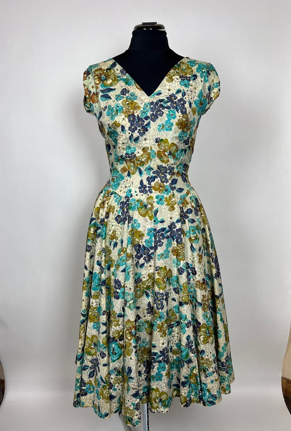 Vintage 1950's Floral Dress Fit and Flare Teal Cre