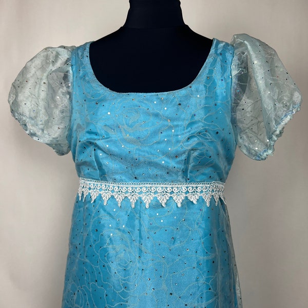 Regency Dress Blue Gown, Sparkle sheer Overlay, 1800s Tea Party, Size Medium Pride and Prejudice Jane Austen Dress, milkmaid dress