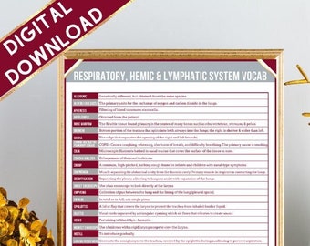 Respiratory, Hemic, & Lymphatic System Vocab Sheet | Nursing | Medical Coding | Instant Download