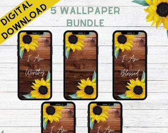 5 Pack Bundle  | Sunflower Floral Phone Wallpapers | Instant Download PNG | Daily Affirmations