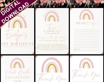 1st Birthday Activities | Pink Rainbow Theme | Digital Download & Template | CANVA