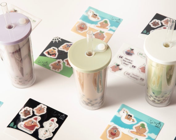 MOODIE Reusable Boba Cup, Bubble Tea Cup, Smoothie Cup With Lid and Straws  Double Walled Iced Coffee Tumbler With Reusable Sticker Set 