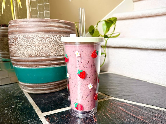 24oz Reusable Double Walled Boba Tumbler, Smoothie Cup, Bubble Tea Cup With  Leak-proof Lid and Straw Strawberry and Flower Design 