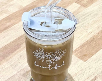 Personalized Coffee Cup with Glass Straw | Reusable Korean Style Tumbler | Custom Cup