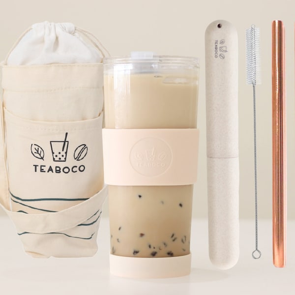 24oz Reusable Glass Boba Cup - 10 Piece Boba Tea Set: Great for Smoothies, Coffee, Tea, Bubble Tea