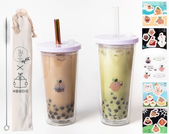 MOODIE Reusable Boba Cup, Bubble Tea Cup, Smoothie Cup with Lid and Straws - Double Walled Iced Coffee Tumbler with Reusable Sticker Set