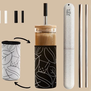 24oz Teaboco S - Glass Reusable Boba Cup, Iced Coffee Tumbler, Smoothie Cup with Bamboo Lid, Neoprene Sleeve and Straws