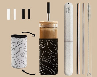 24oz Teaboco S - Glass Reusable Boba Cup, Iced Coffee Tumbler, Smoothie Cup with Bamboo Lid, Neoprene Sleeve and Straws