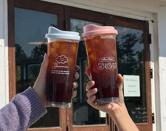 2-pack Korean style 20oz Reusable Coffee Tumbler Cup with Leak-Resistant Drink Lid for Cold Brew, Iced-Coffee, Tea and Water, BPA Free
