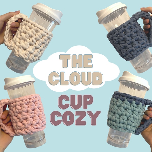 Cloud cup cozy, handmade iced coffee cozy, chunky cup cozies, crochet cup cozy with handle, reusable coffee cup cozy