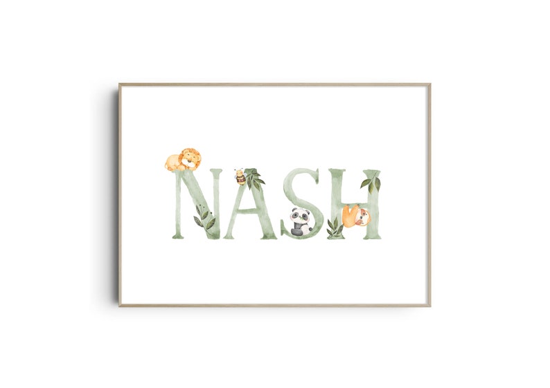 Personalised Jungle Animal Name Print Custom Baby Name Art Personalised