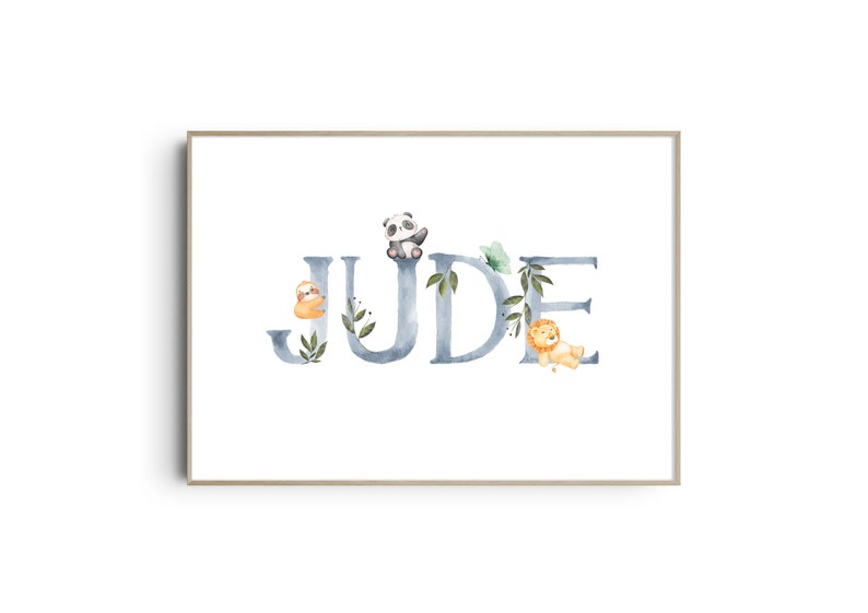 Personalised Jungle Animal Name Print Custom Baby Name Art Personalised